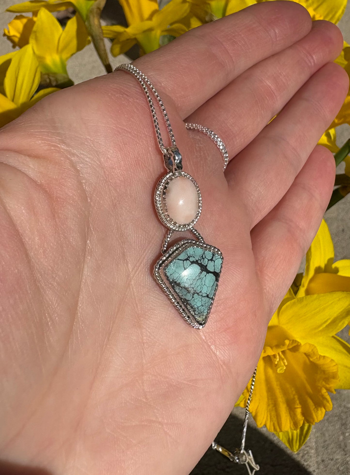 Pink Coral and Turquoise Necklace (18 inch chain)