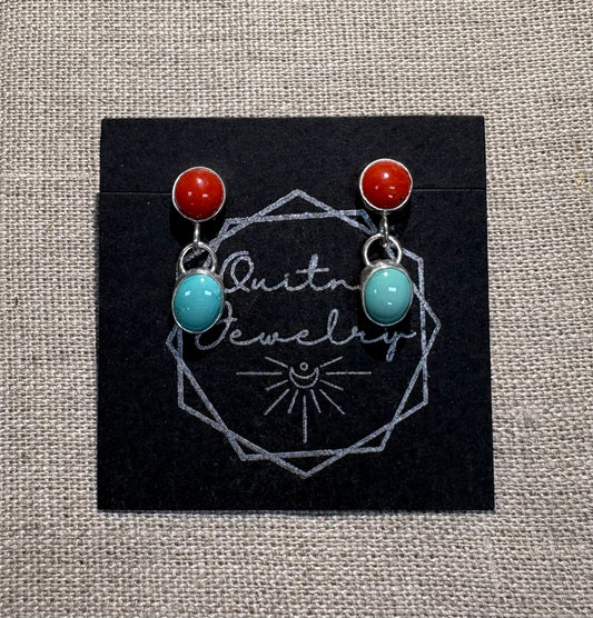 Mexican coral and turquoise drop earrings