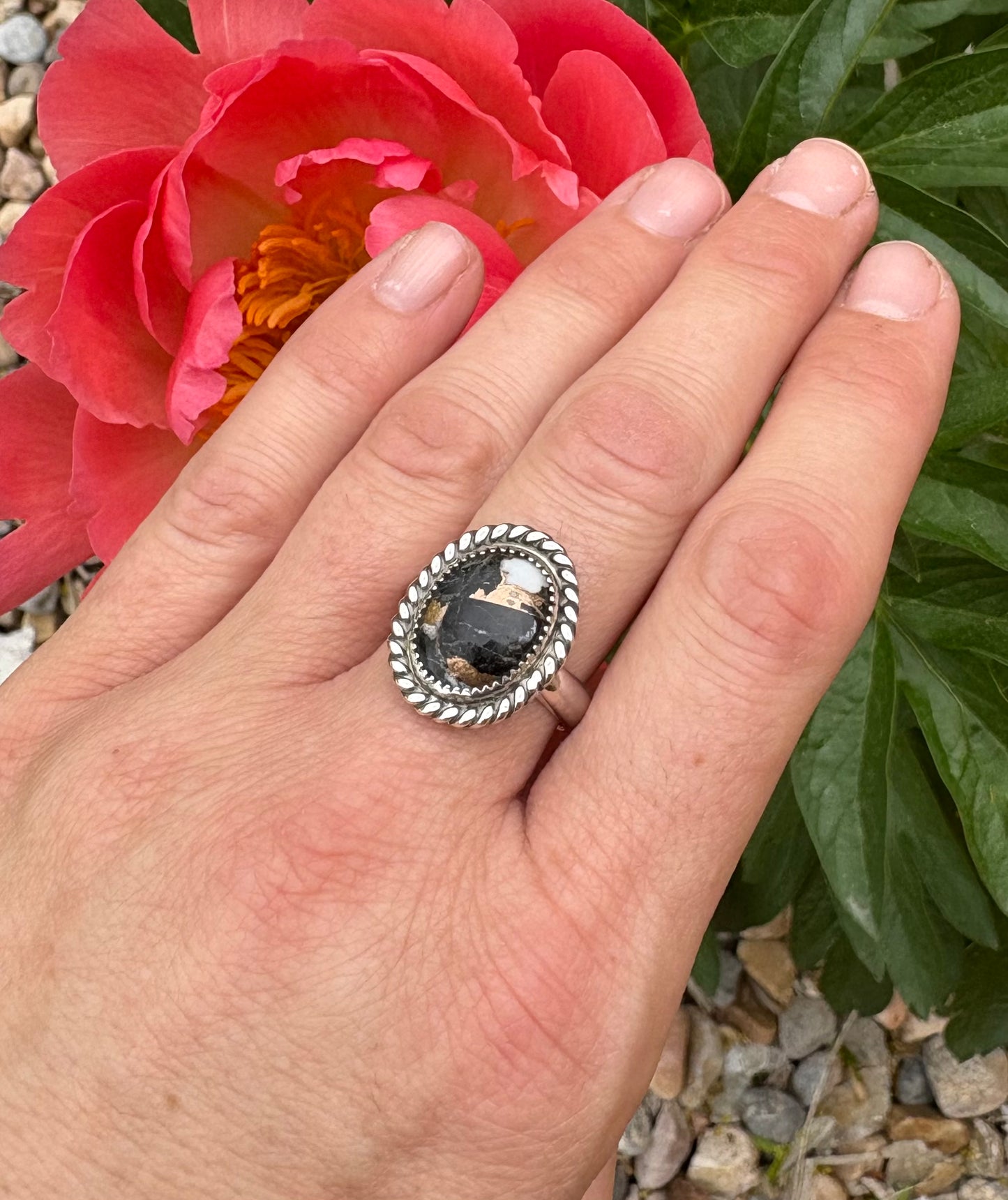 Obsidian and White Buffalo Ring (Size 8.5)