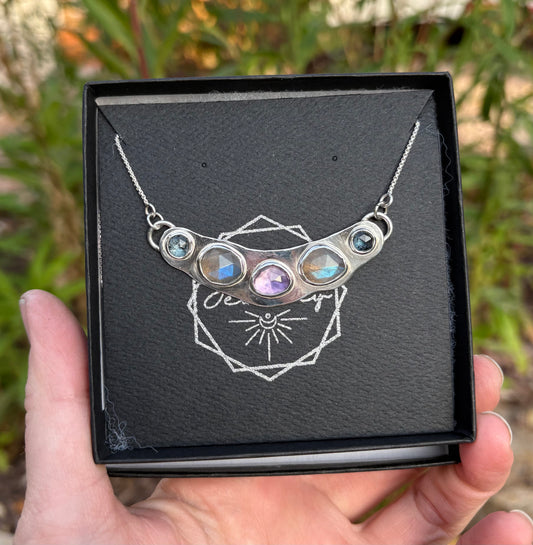 Kyanite, Labradorite, and Amethyst Talisman Necklace (~18” Chain)