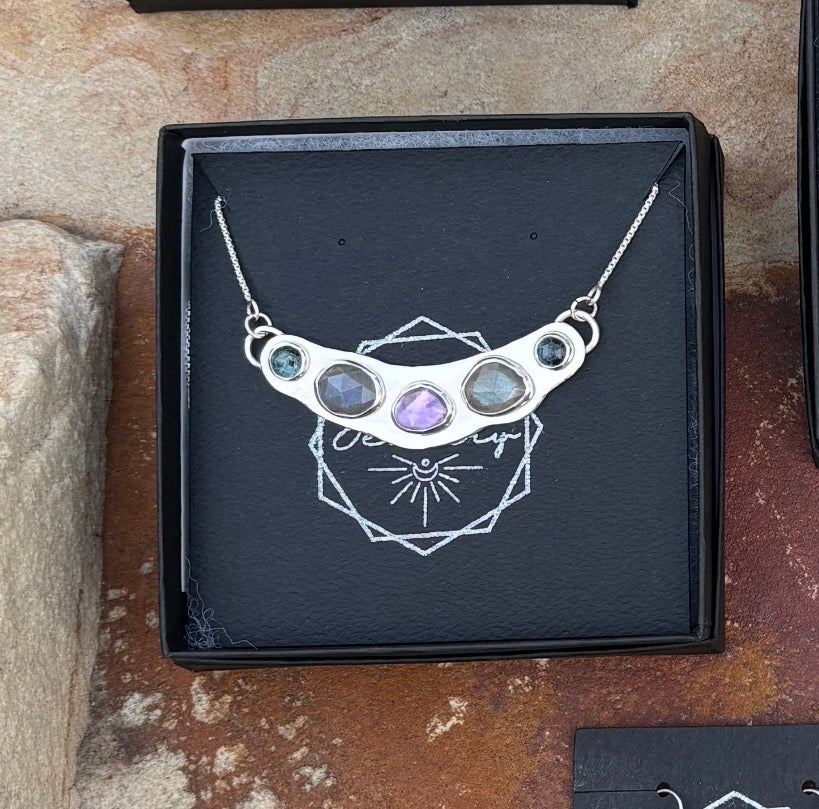 Kyanite, Labradorite, and Amethyst Talisman Necklace (~18” Chain)