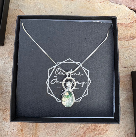 Moss agate and CZ Necklace (16” Chain)