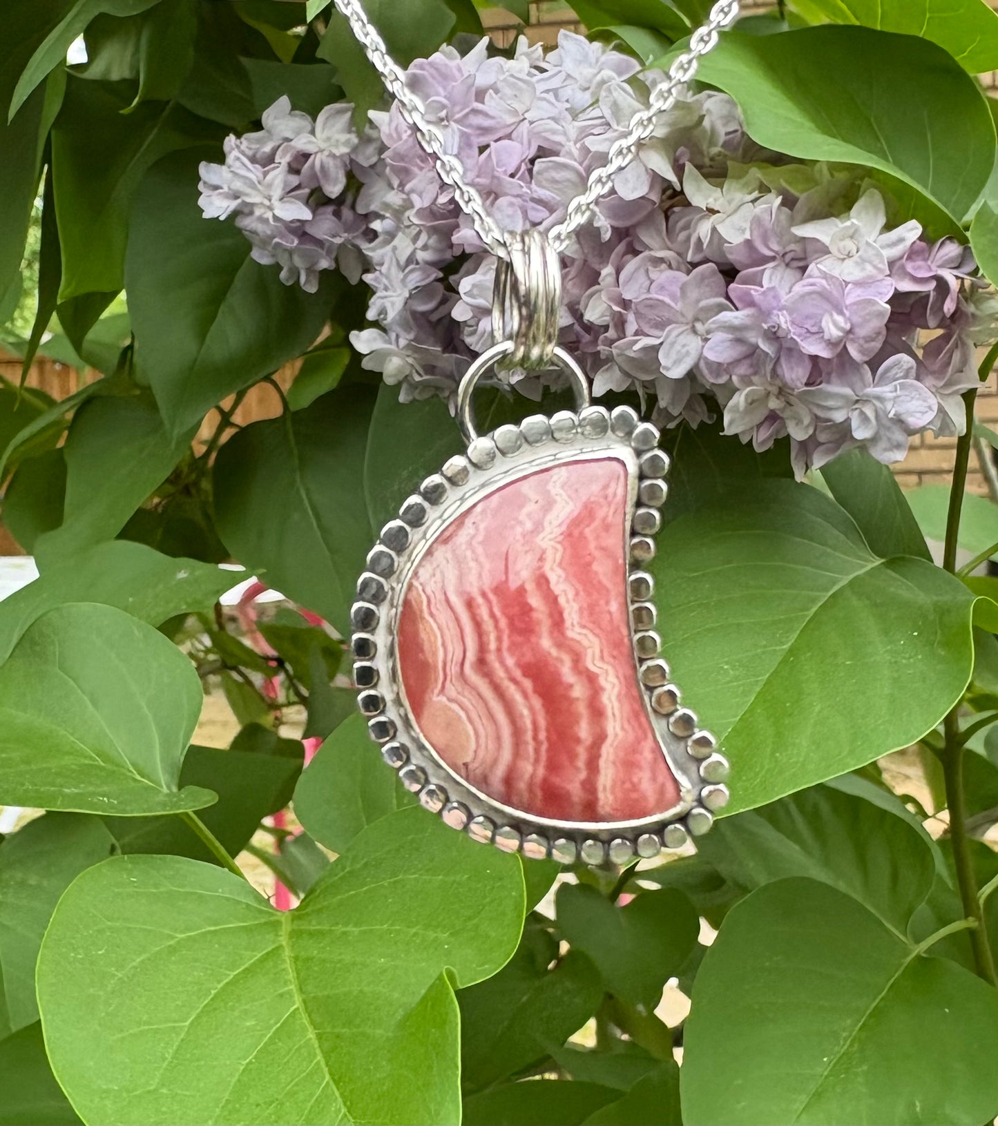 Rhodochrosite Moon Necklace (20 inch chain)