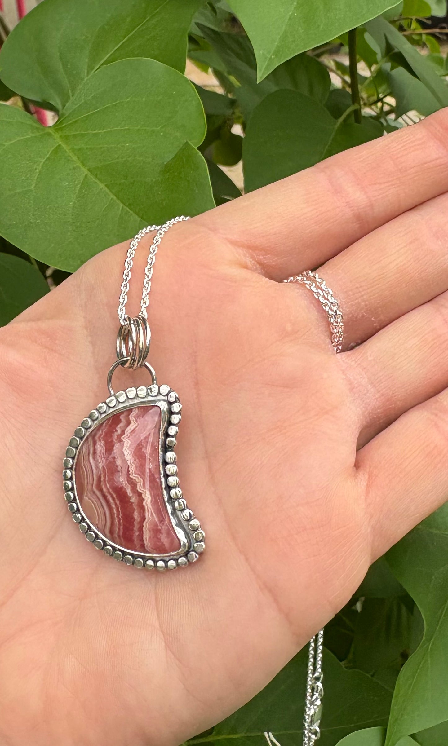 Rhodochrosite Moon Necklace (20 inch chain)