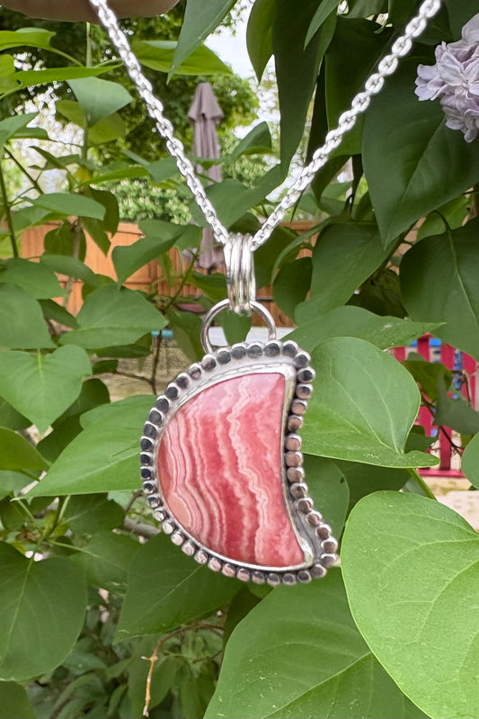 Rhodochrosite Moon Necklace (20 inch chain)