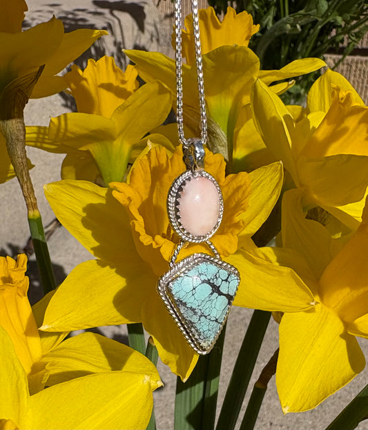 Pink Coral and Turquoise Necklace (18 inch chain)